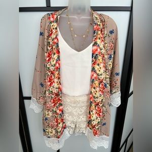 Festival Floral Beige Orange Crochet Lace Trim Kimono Coverup Small